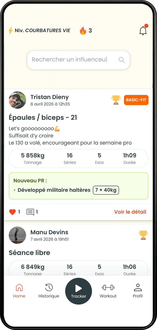 Aperçu de l'app GymCo — feed des séances partagées par la communauté