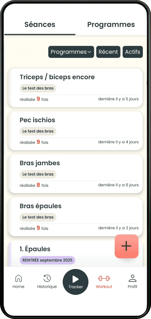 Onglet Séances de GymCo avec la liste des templates et programmes
